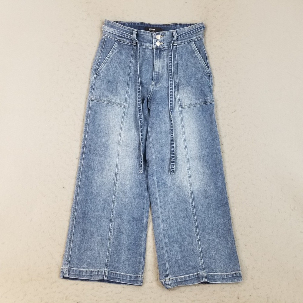 Hudson Jeans Women 8/29 Blue Wide Leg Trouser Denim Tie Waist Patch Pocket Seam